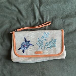 Turtle Embroidered White and Tan RFID Wristlet